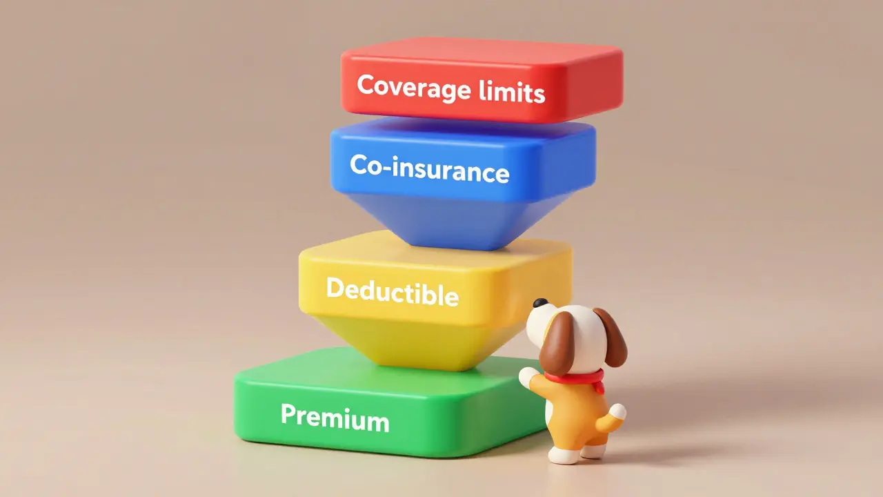 Illustration of a dog looking at a colorful stepped diagram representing insurance terms