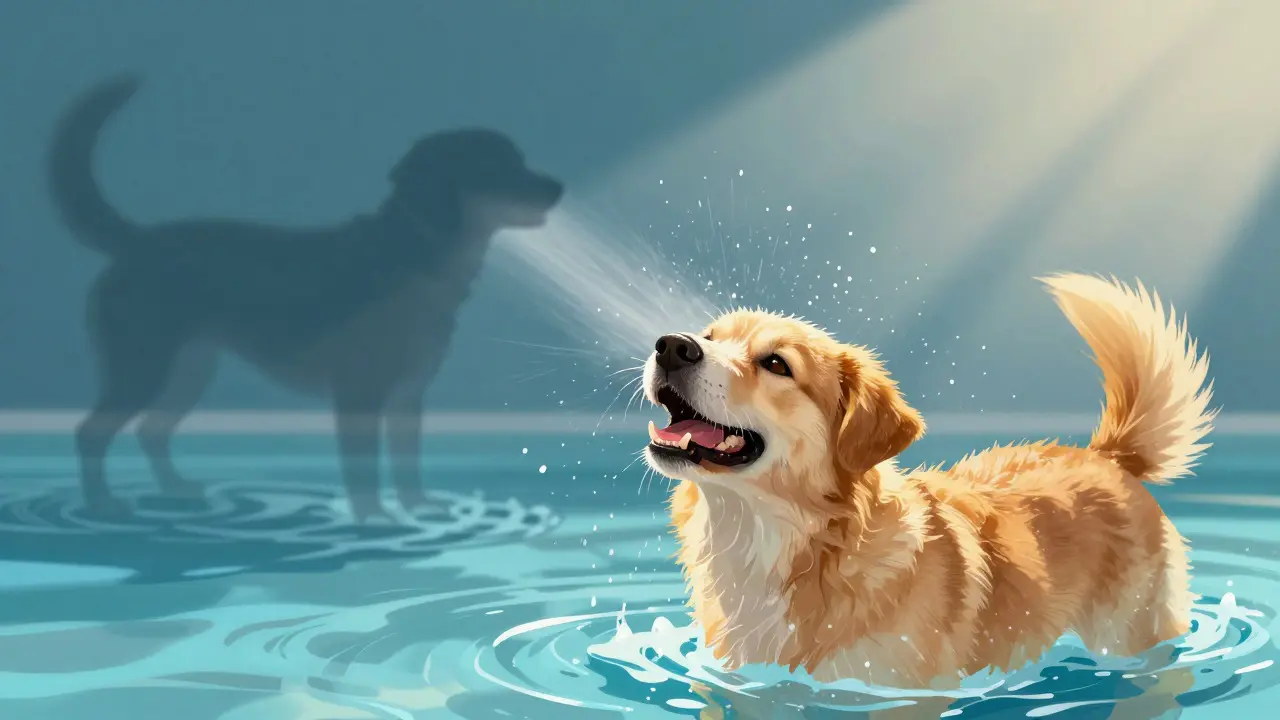 Illustration of a dog shaking off water with abstract shapes representing hygiene