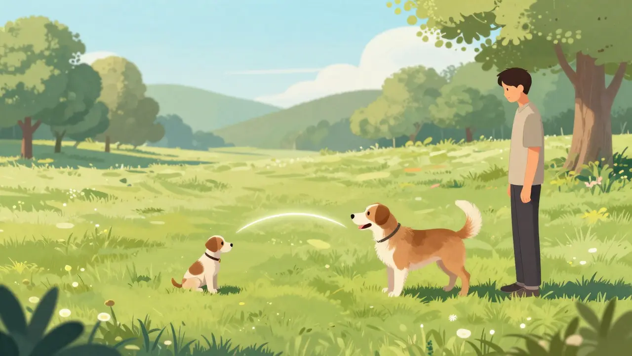 Illustration of a puppy maintaining safe distance from an approaching dog in a park
