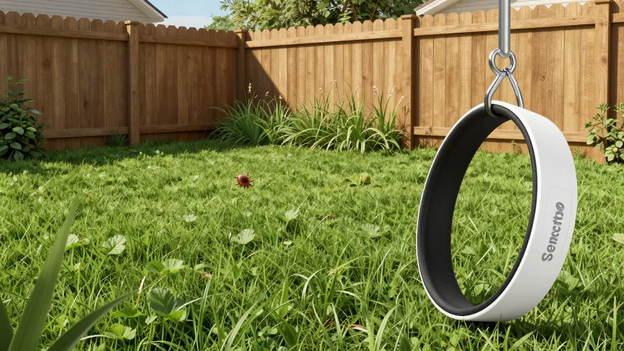 Illustration of a tidy backyard with a pet collar and hidden tick