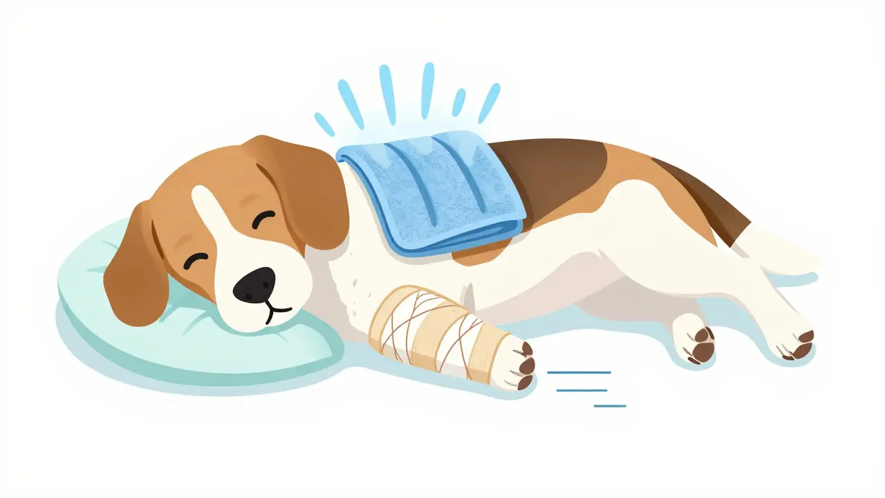 Illustration of applying ice and elevation to a dog's leg