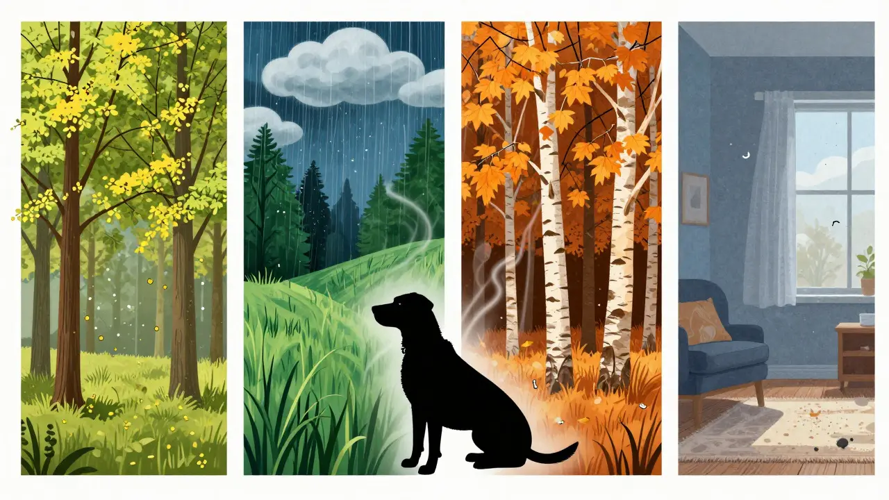 Illustration of seasonal allergens affecting a dog throughout the year
