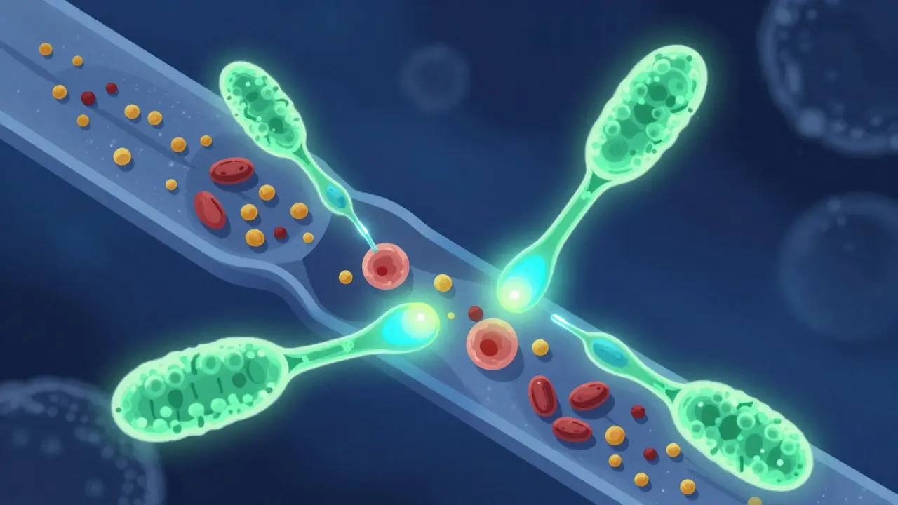 Illustration showing antibodies binding to allergens in blood