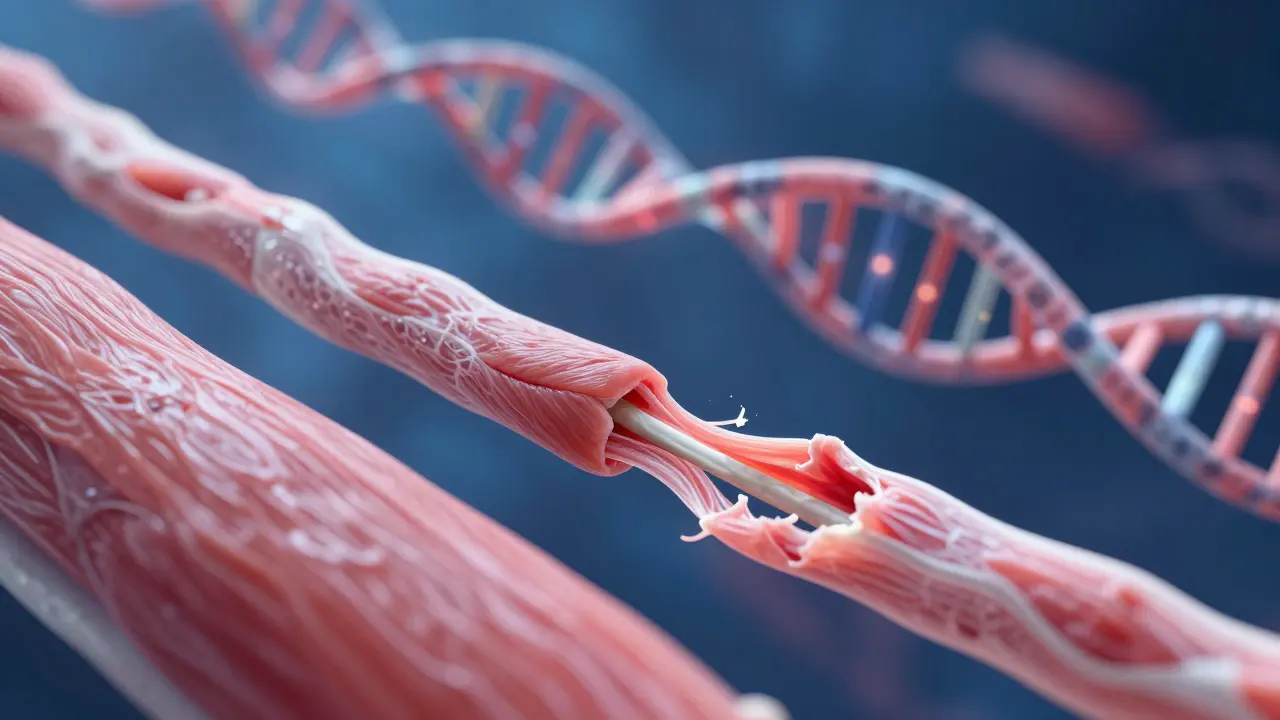Illustration showing the connection between DNA mutations and damaged muscle fibers