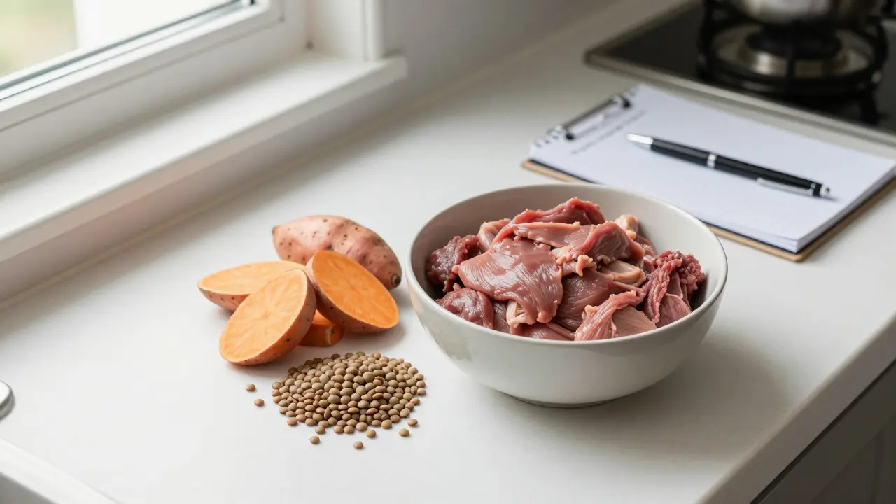 Kitchen counter with novel protein food and a symptom journal