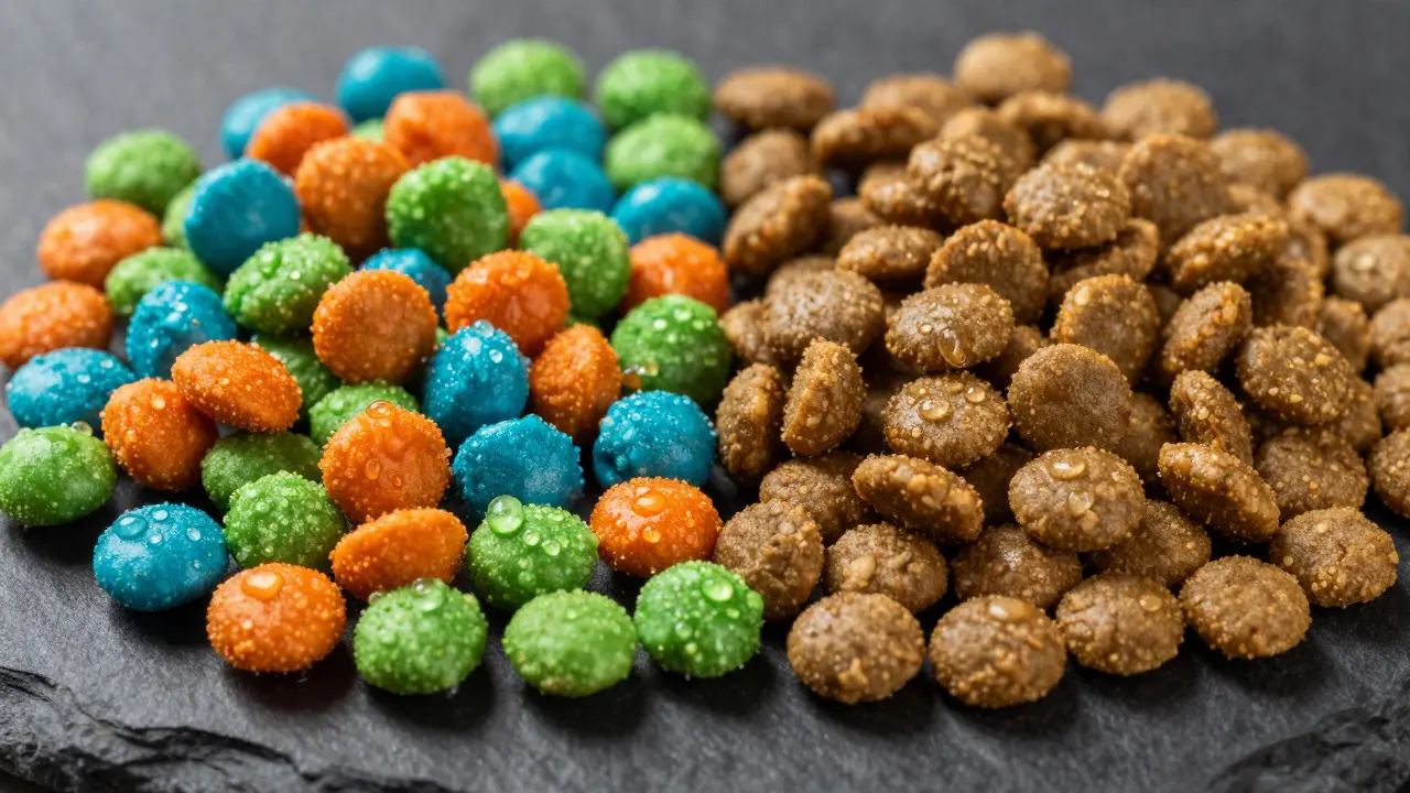 Macro shot comparing colorful artificial dye kibble with natural brown kibble on slate