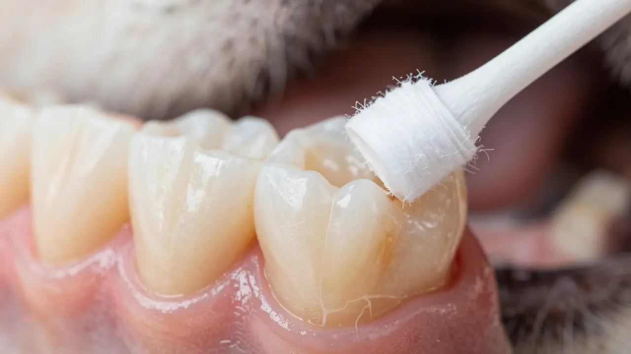 Macro view of a cotton swab testing the texture of plaque on a dog's tooth
