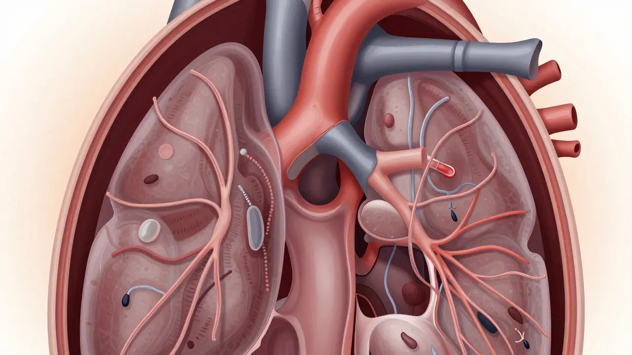 Medical illustration showing parasites inside a dog's heart and lungs