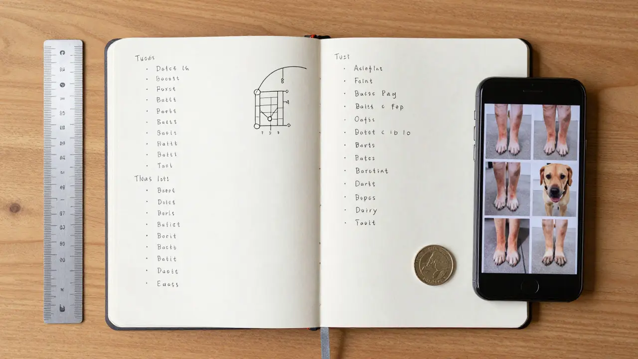 Notebook and phone displaying dog allergy tracking data and photos