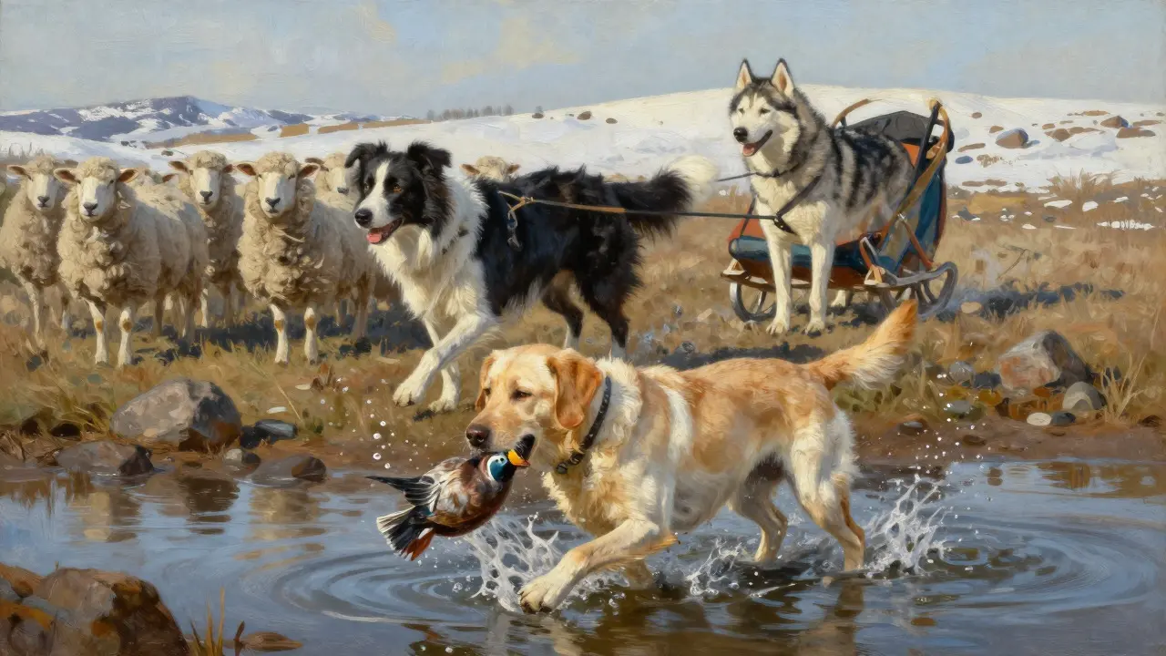 Oil painting of a Labrador retrieving a bird, a Collie herding sheep, and a Husky pulling a sled