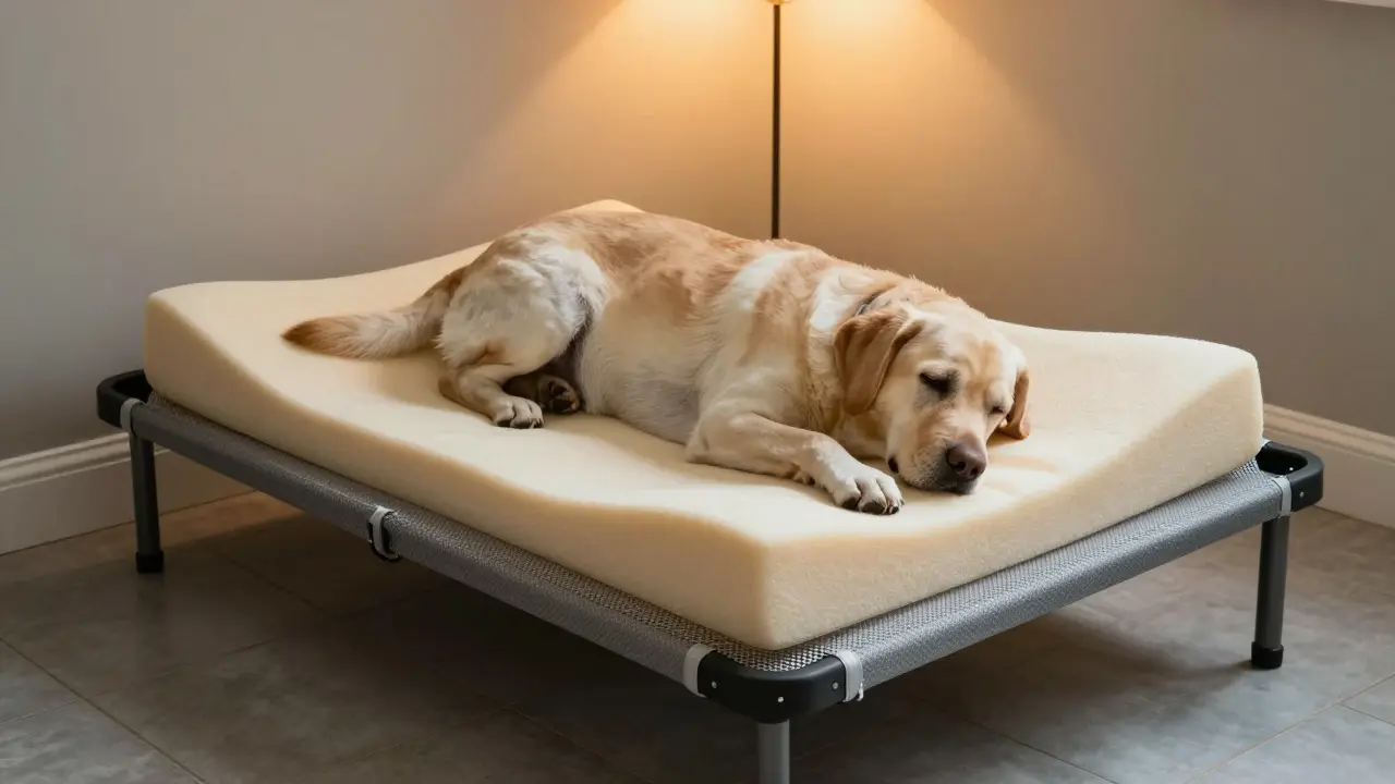 Old Labrador resting on an elevated memory foam orthopedic dog bed