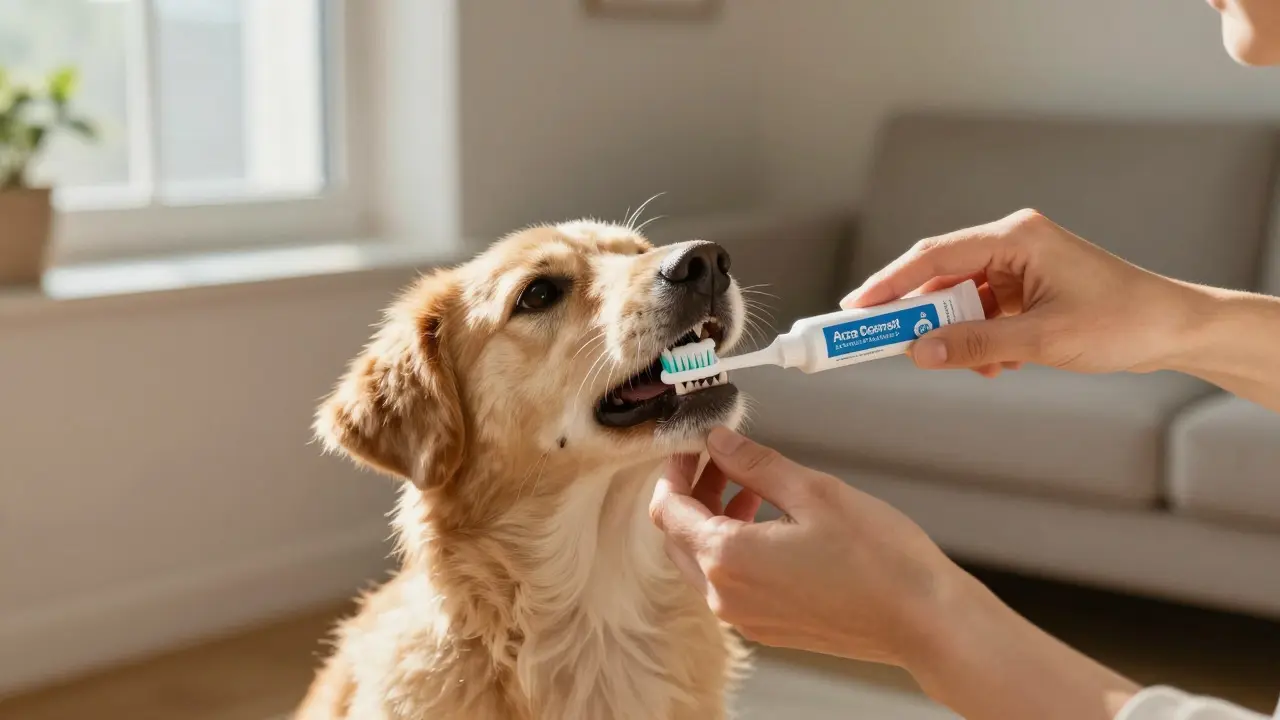 Owner brushing a small dog's teeth at home with natural light