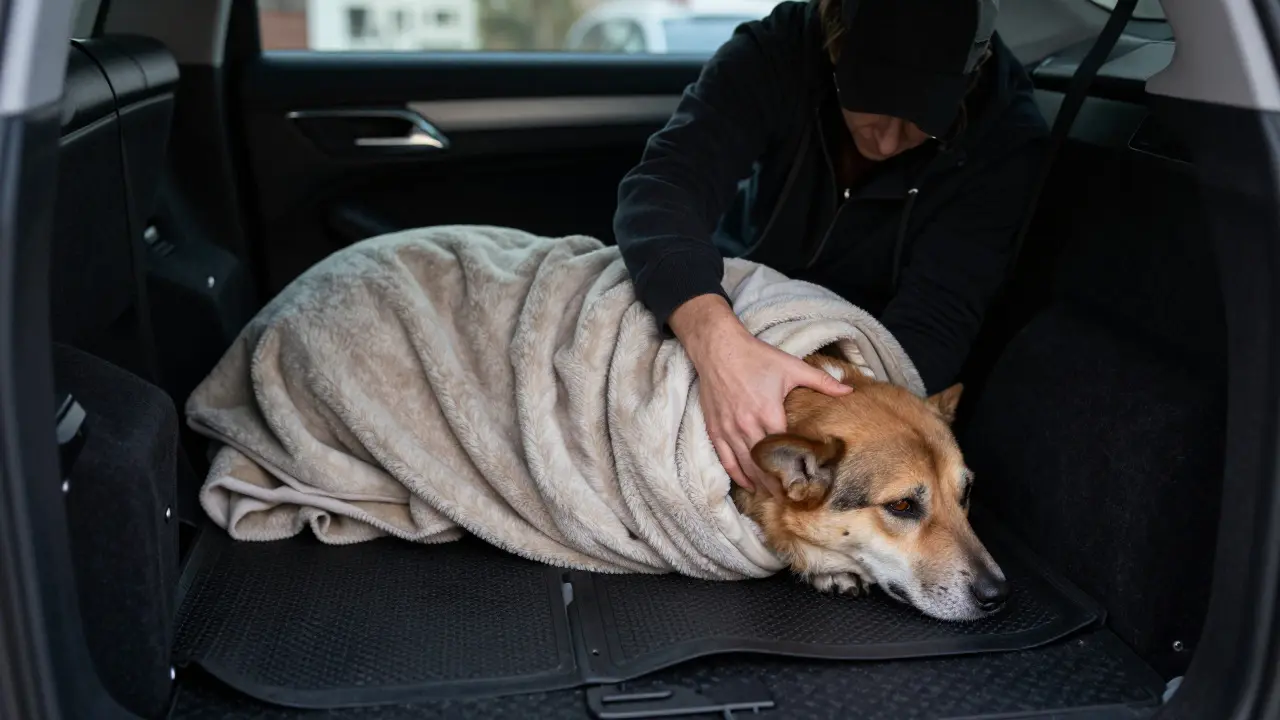 Person carrying a dog wrapped in a blanket stretcher inside a car