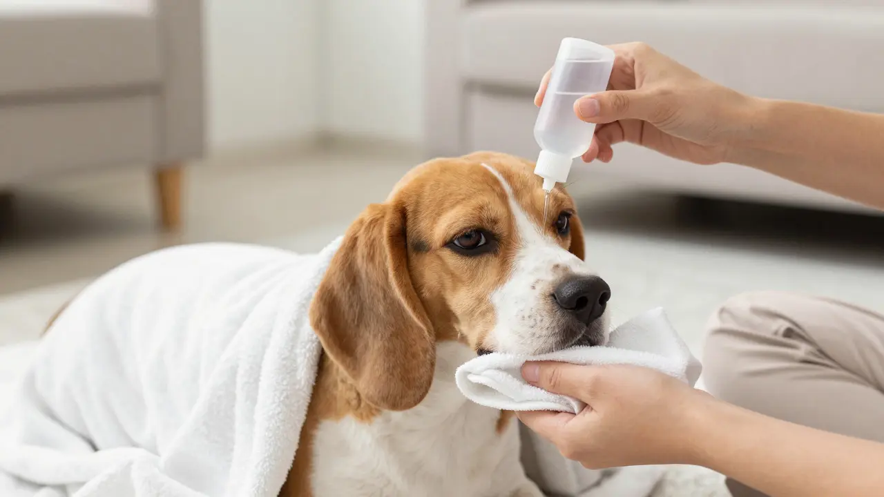 Person gently flushing a beagle's eye with saline while the dog is wrapped in a towel