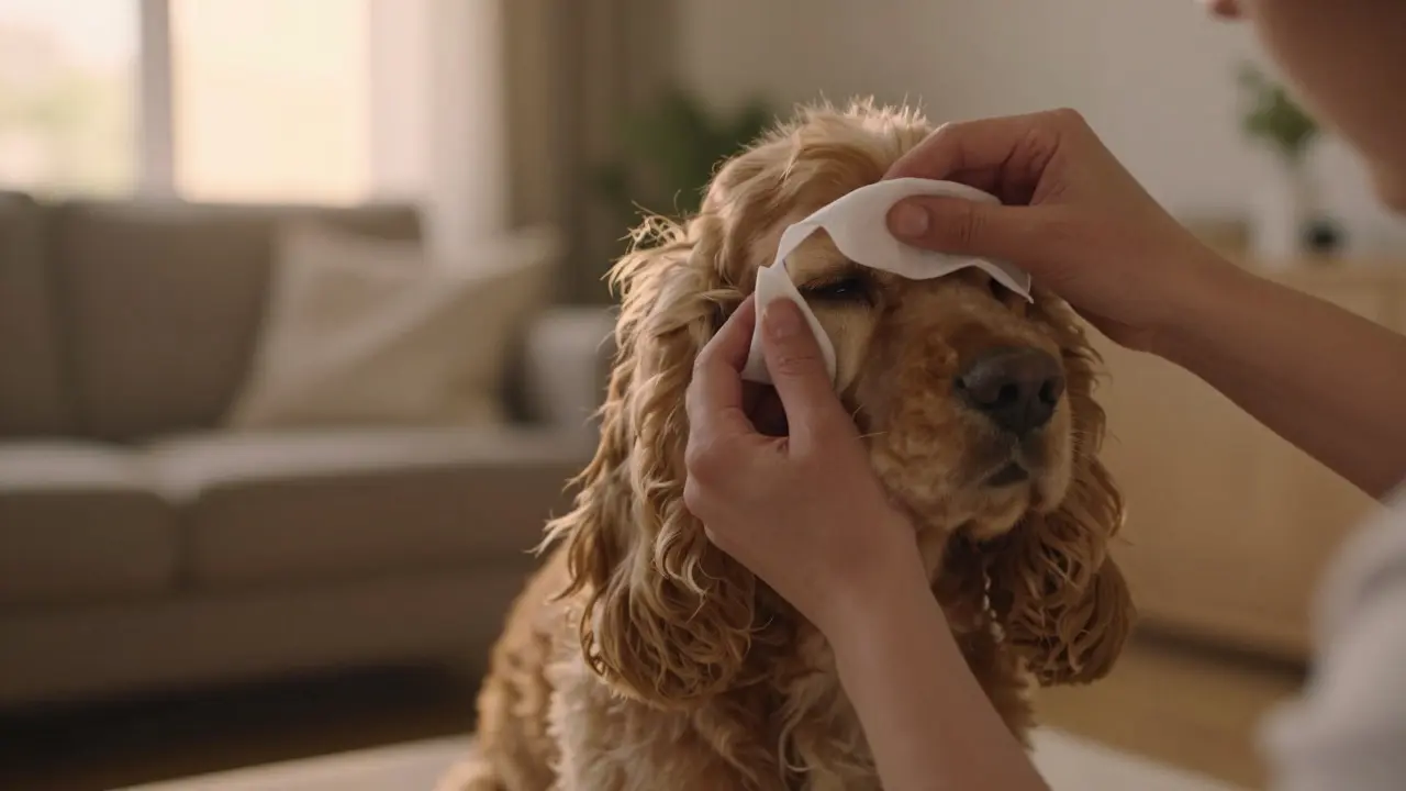 Person gently wiping a Cocker Spaniel's ear with a gauze pad indoors