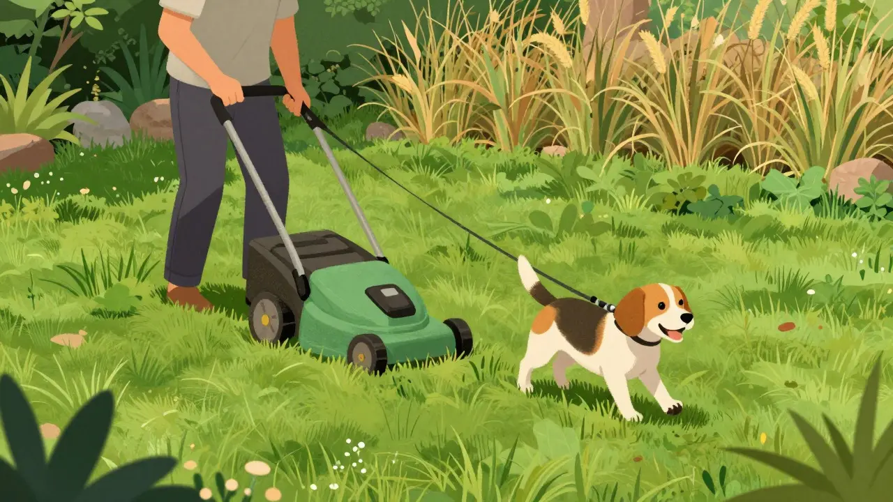 Person mowing a short lawn while walking a dog, avoiding tall wild grass