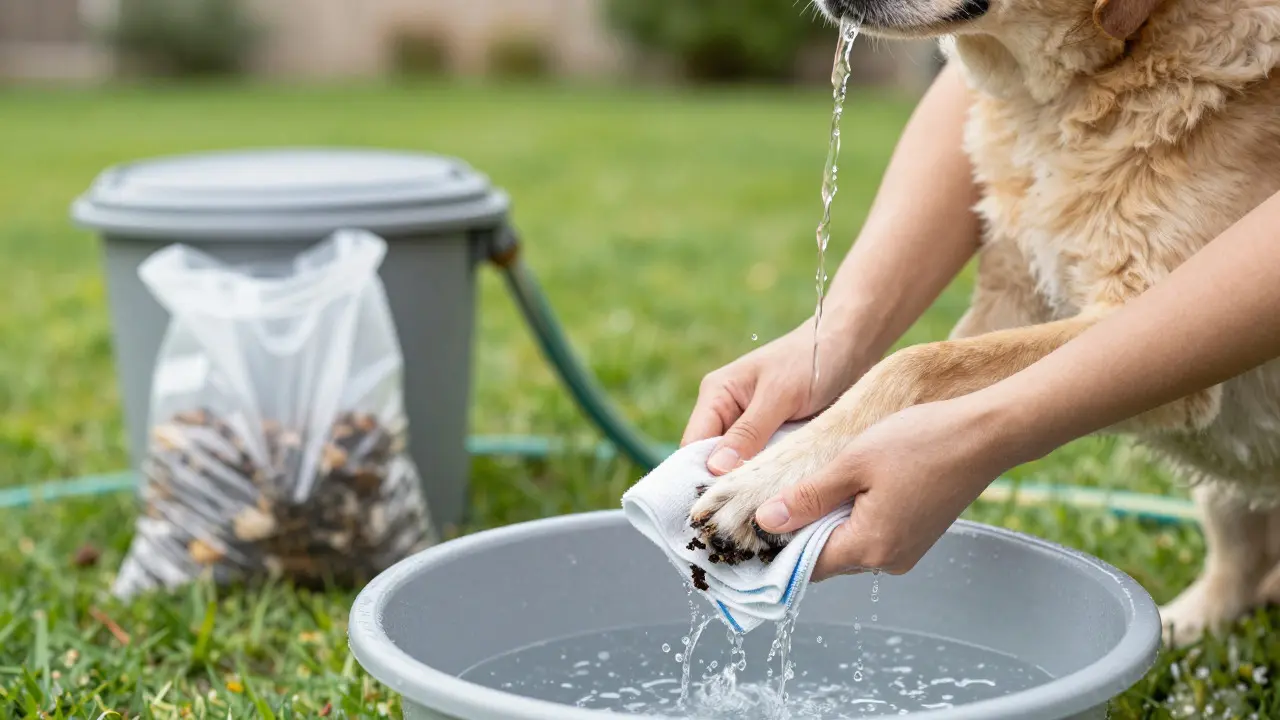 Person rinsing a dog's paws with water in a clean backyard to prevent parasite exposure