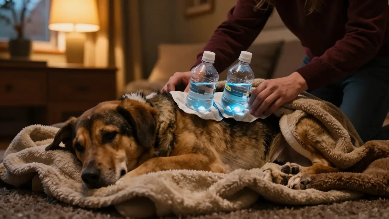 Person wrapping a dog in blankets with warm compresses