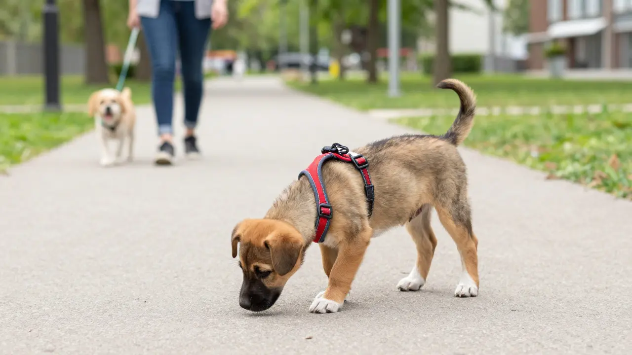Puppy in a harness exploring a clean park path with other dogs in the background