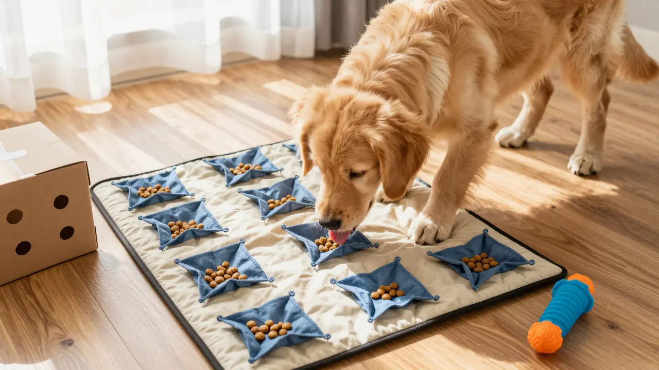 Puppy working hard on a snuffle mat with hidden treats for mental stimulation
