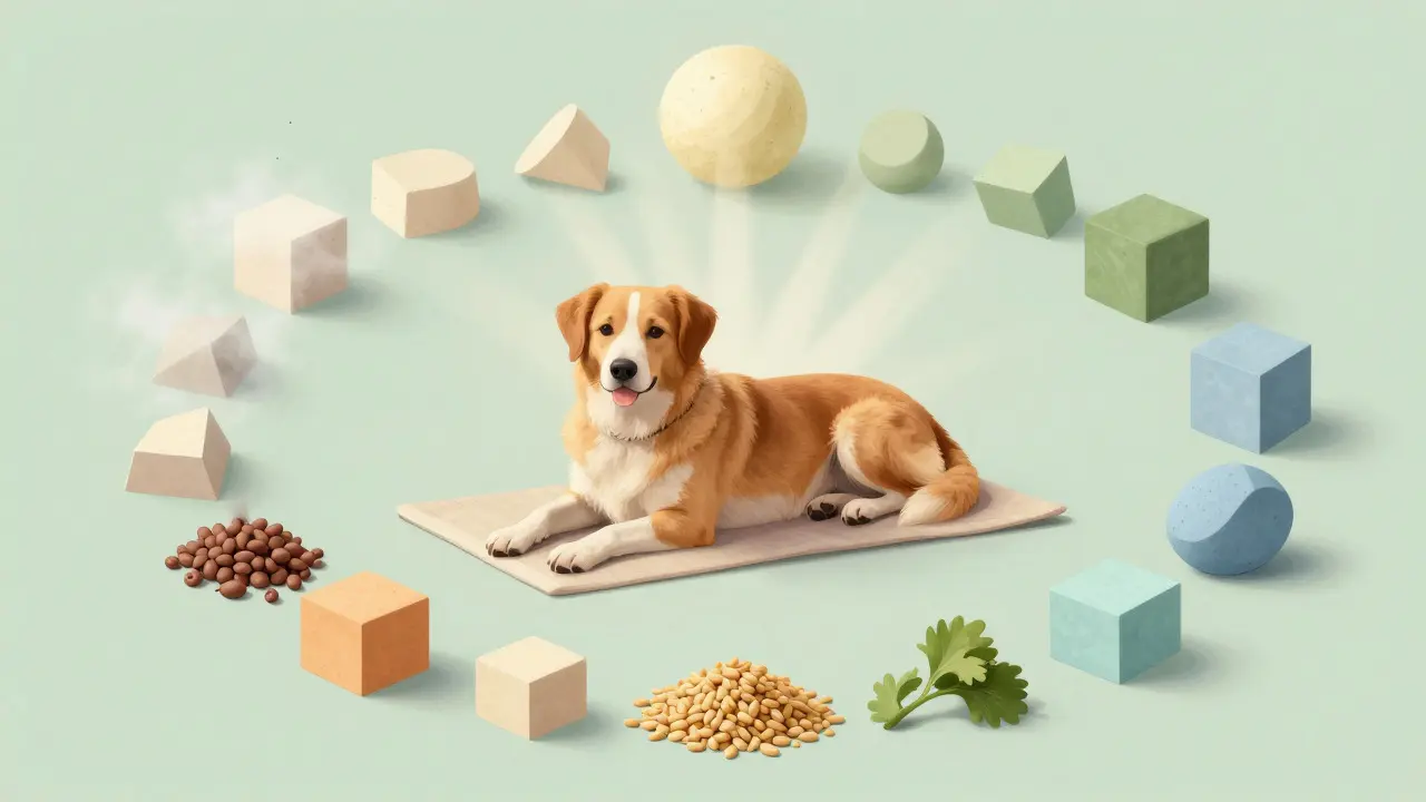Relaxed dog surrounded by abstract shapes illustrating a successful elimination diet