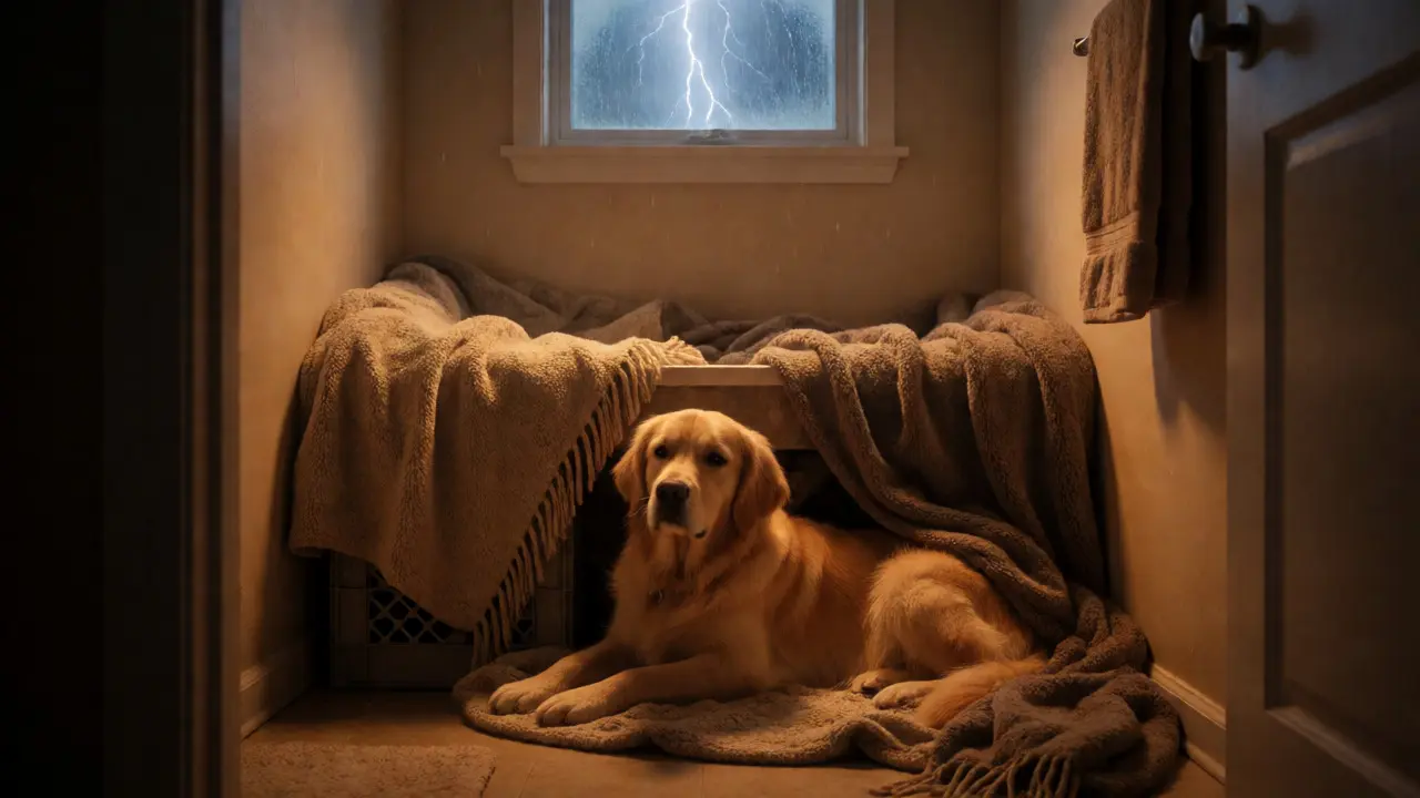 Relaxed Golden Retriever chewing a toy in a cozy blanket-covered safe zone