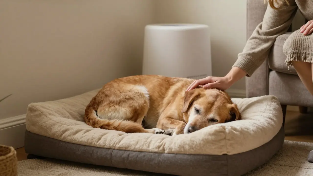 Relaxed senior dog sleeping in a comfortable bed with a human hand nearby