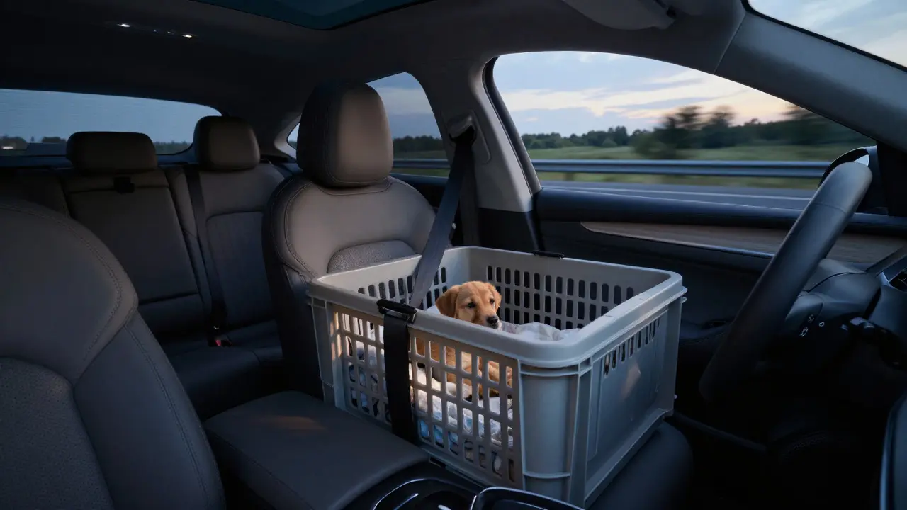 Secured puppy crate in the back seat of a moving car