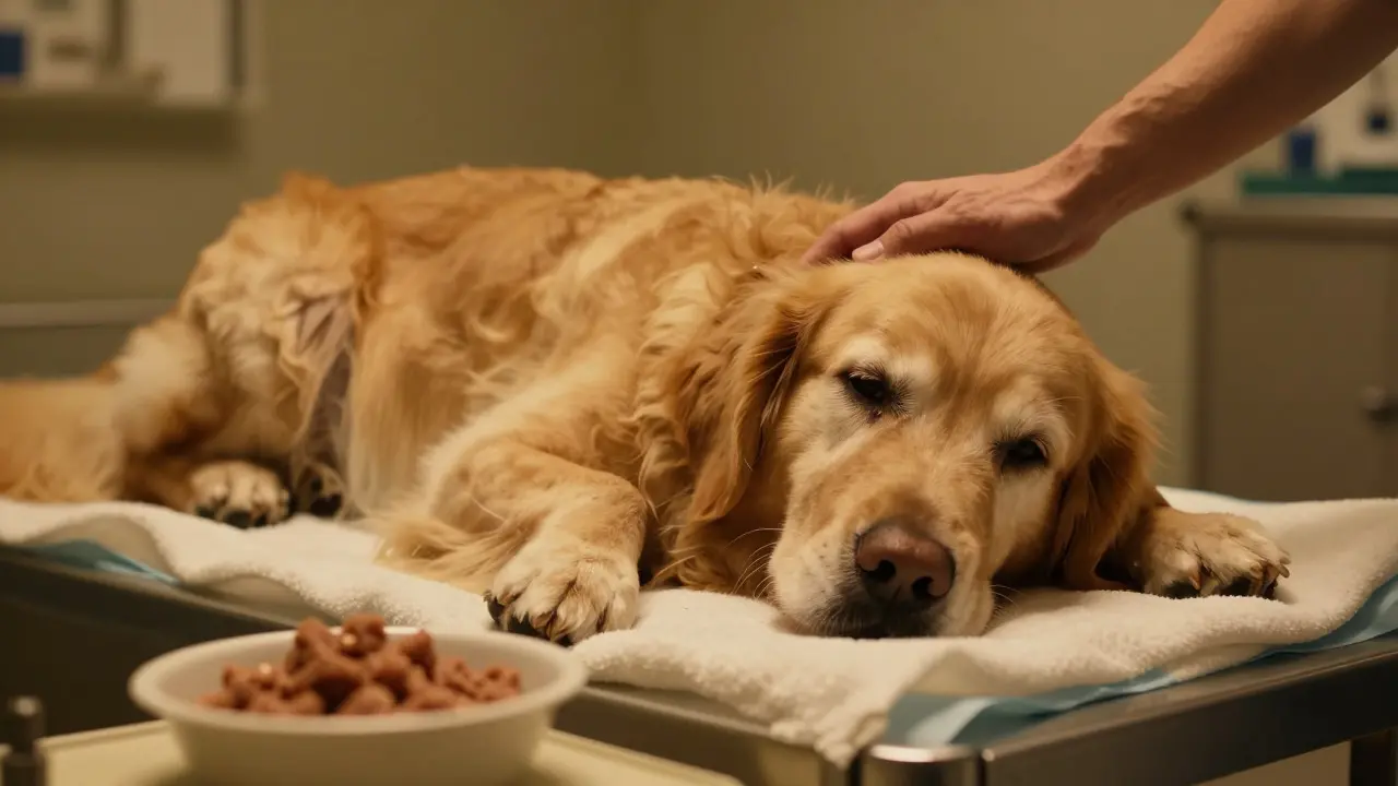 Senior dog waking up comfortably on a blanket after dental anesthesia