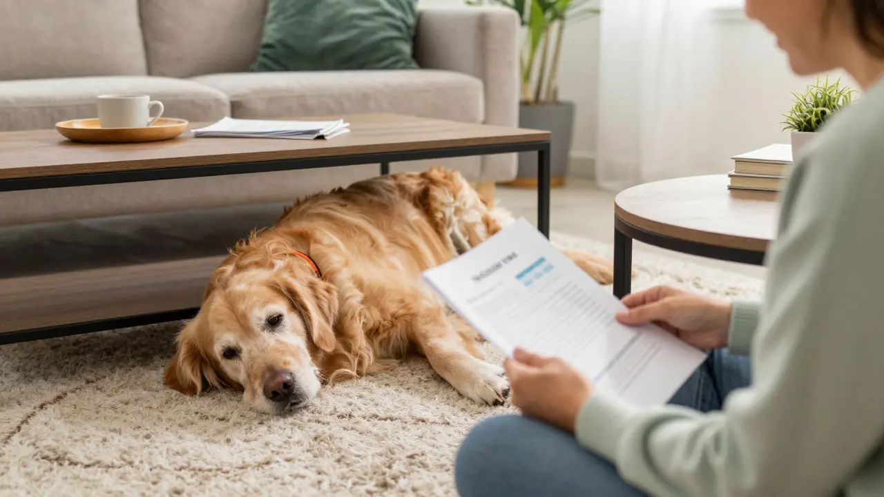 Senior Golden Retriever resting with owner reviewing health documents