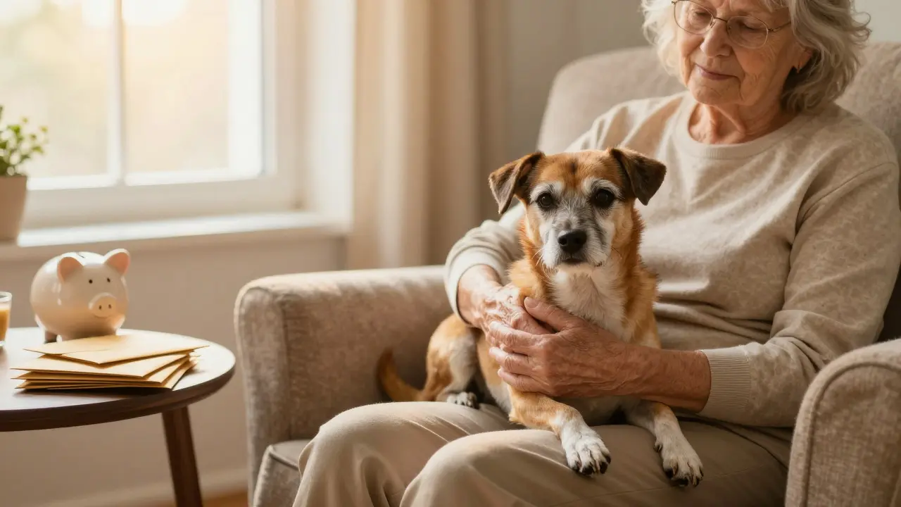 Senior woman holding an older dog on her lap near a piggy bank in a sunlit room