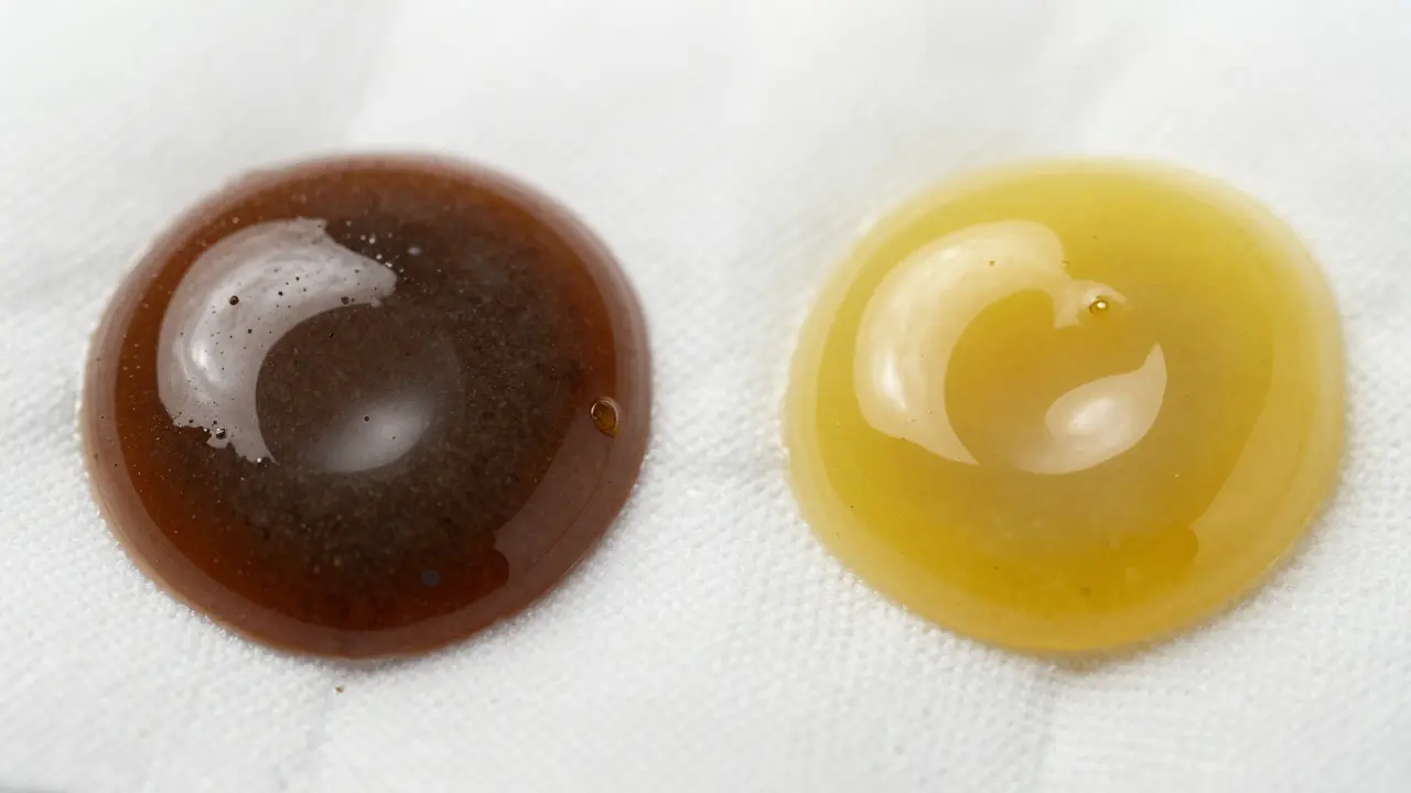 Side-by-side macro view of brown yeast discharge and green bacterial pus on gauze