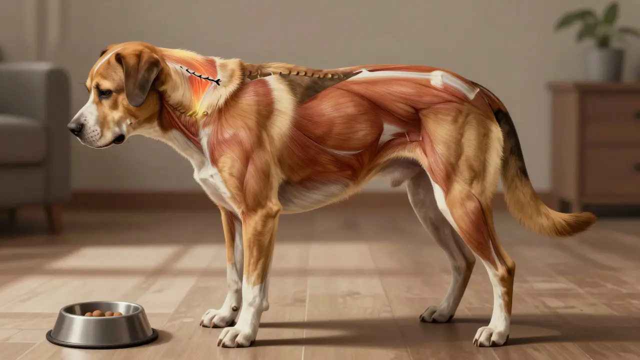 Side view of a dog with hunched shoulders and tucked tail indicating muscle tension
