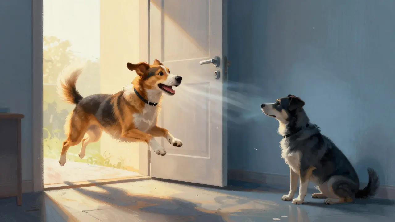 Split image contrasting a dog's happy greeting with its lonely pacing