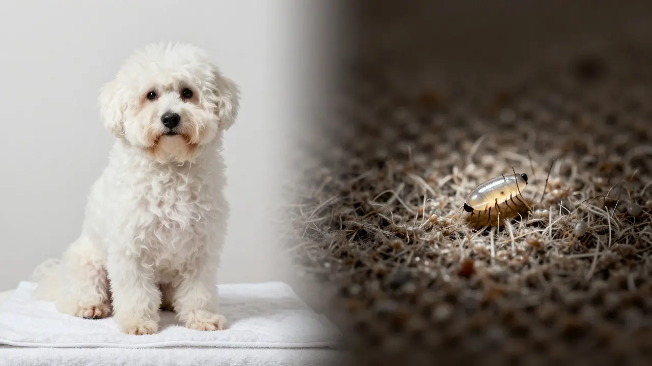 Split view of clean dog and flea larvae hiding in carpet fibers