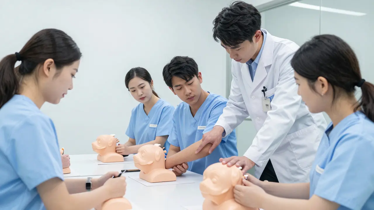 Students practicing chest compressions on dog mannequins in a vet class