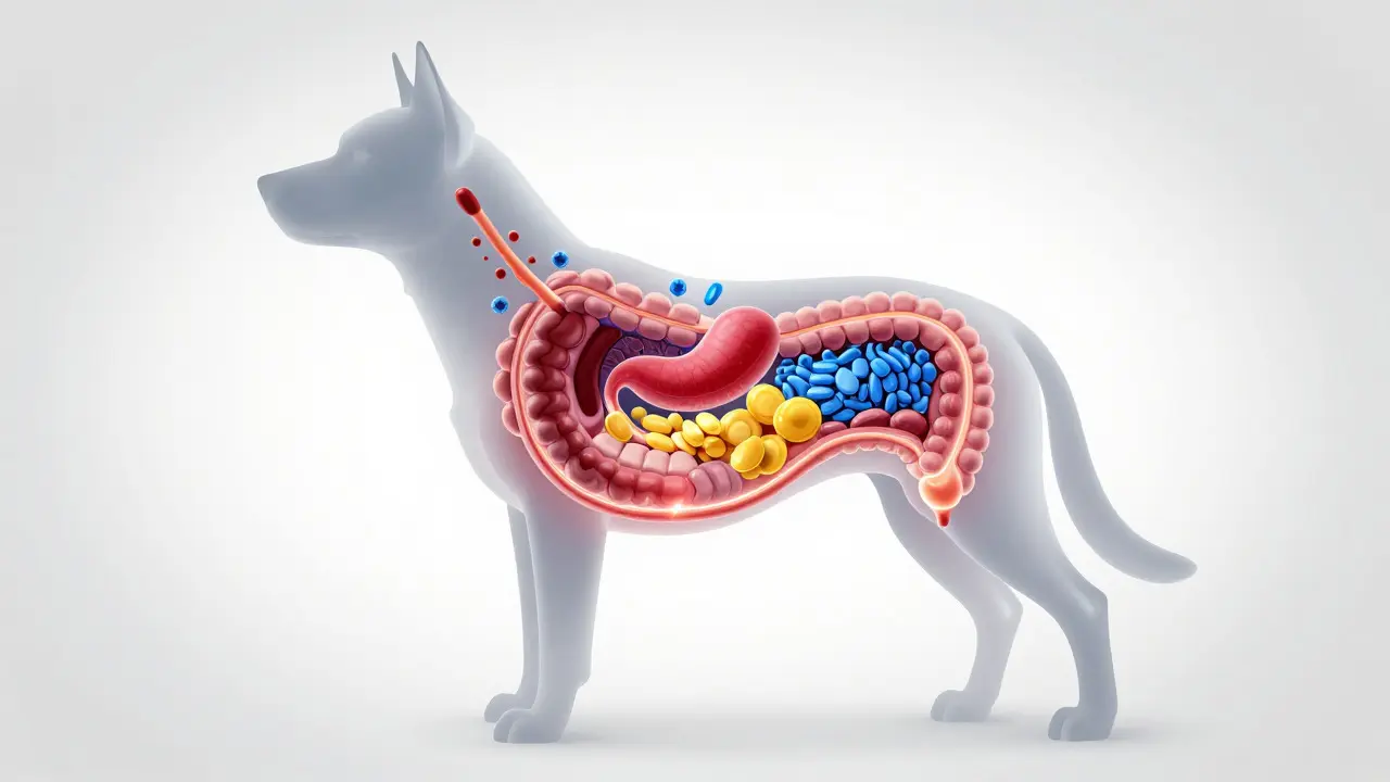 Stylized illustration of a dog's digestive system absorbing nutrients