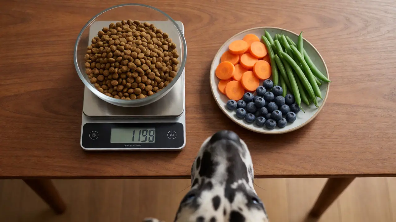 Top-down view of kitchen scale, kibble, and healthy vegetable treats