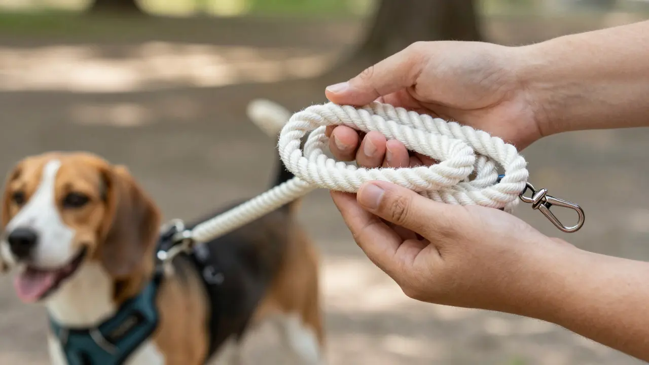 Trainer's hand holding a coiled white rope attached to a beagle's harness