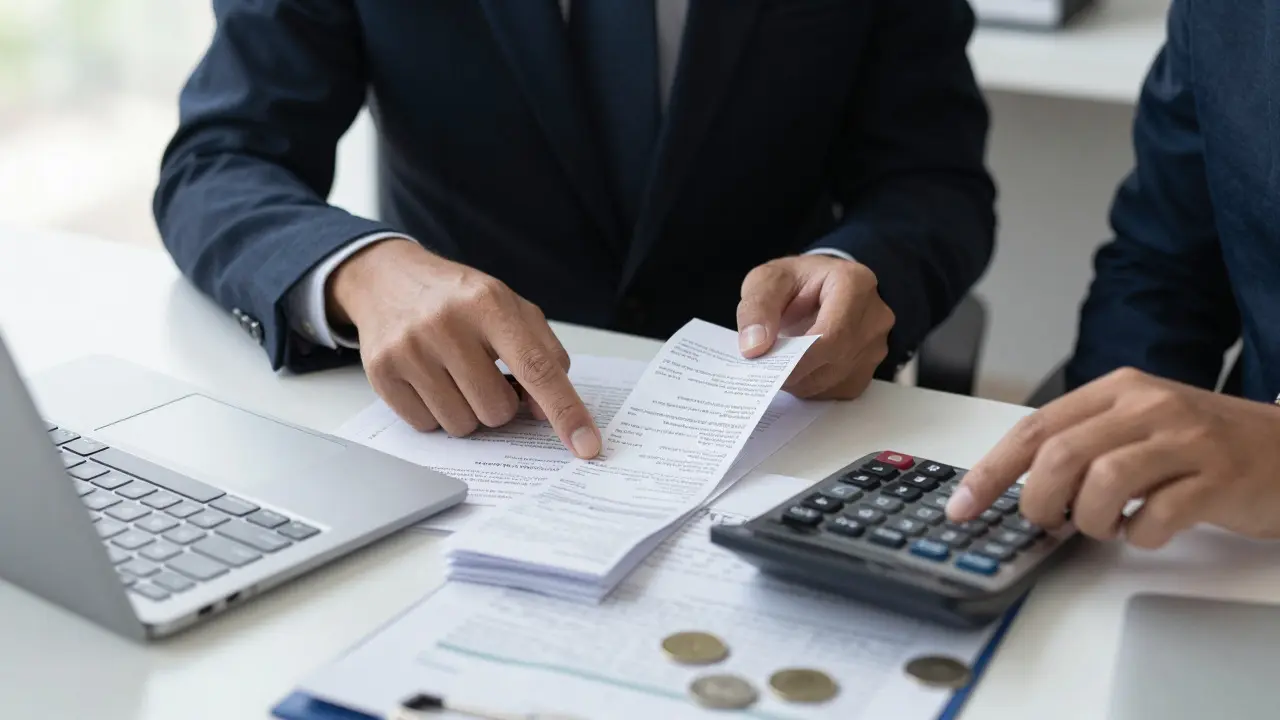 Two people reviewing financial documents and receipts at a desk, discussing costs