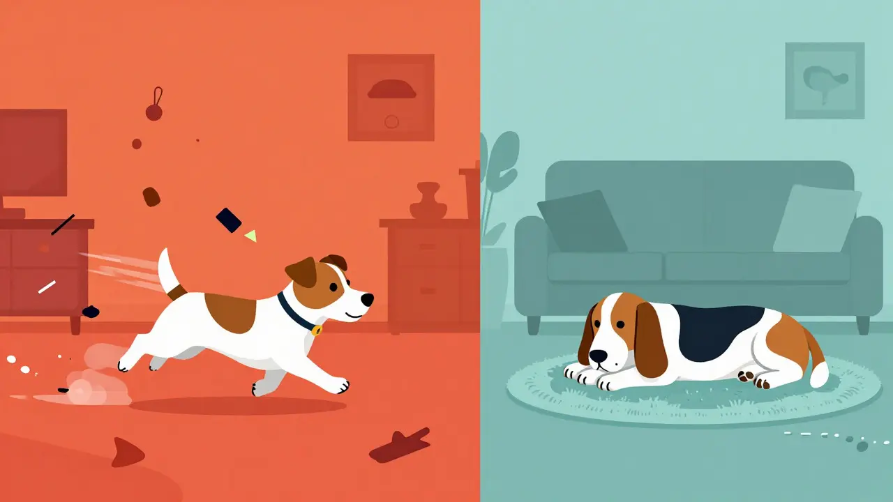 Vector art showing a hyperactive terrier in an apartment versus a relaxed Basset Hound in a living room