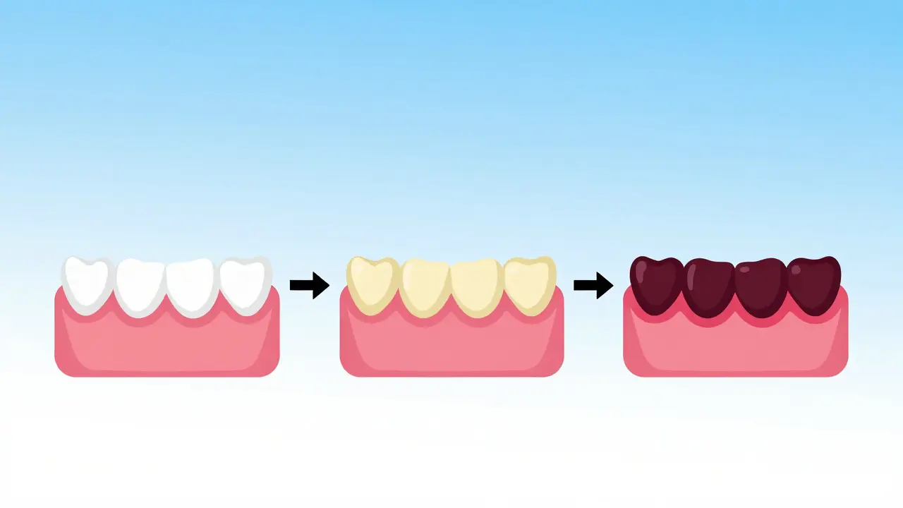 Vector illustration showing three stages of dog dental health from clean to severe