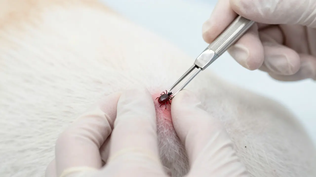 Vet using a scalpel to remove tick mouthparts from dog skin