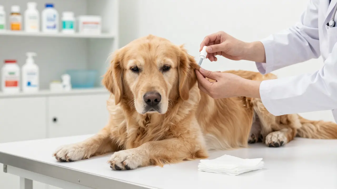 Veterinarian applying ear drops to a calm golden retriever in a bright clinic