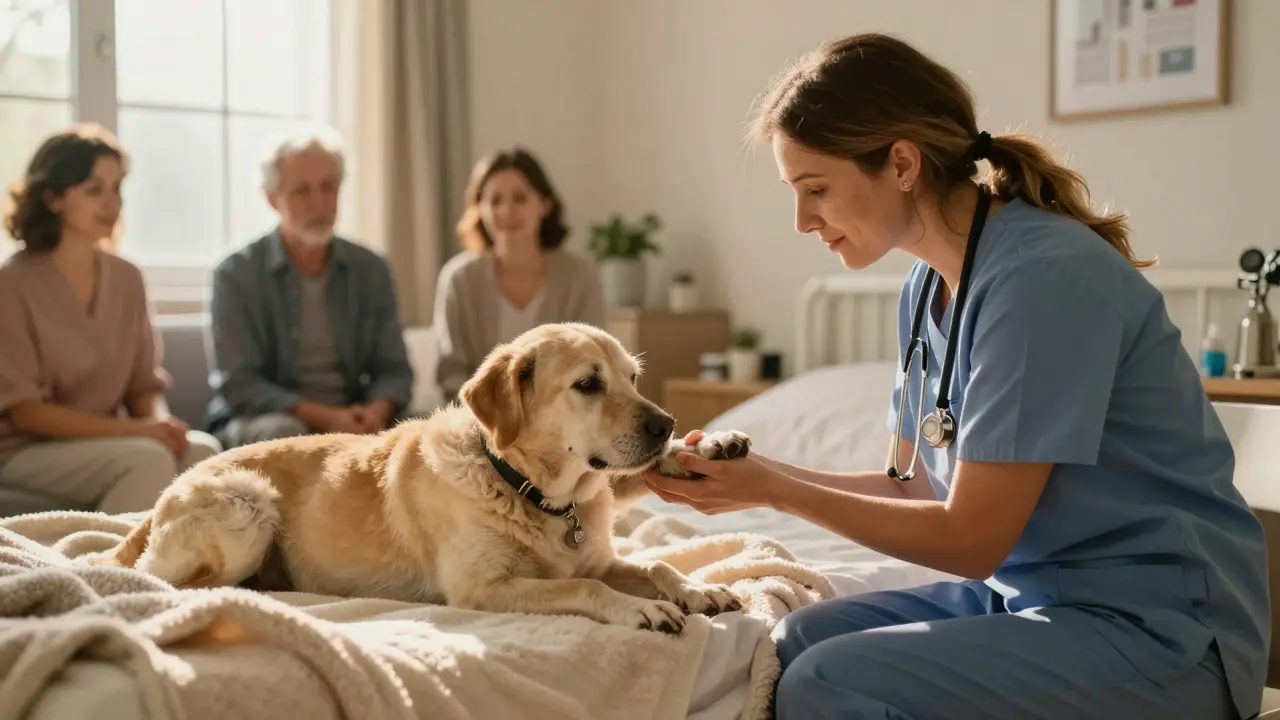 Veterinarian comforting an elderly dog in a cozy home hospice setting