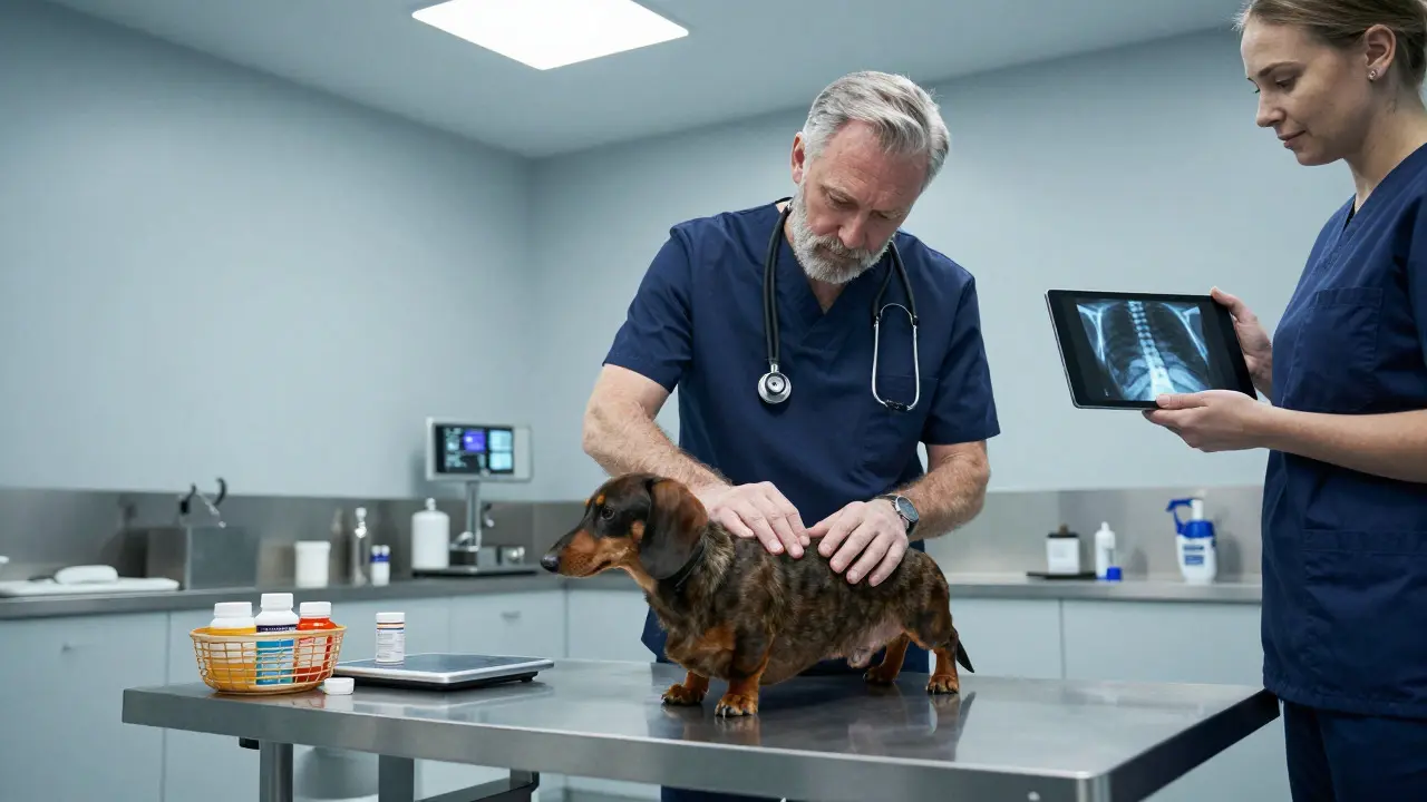 Veterinarian examining a dachshund in a clinic