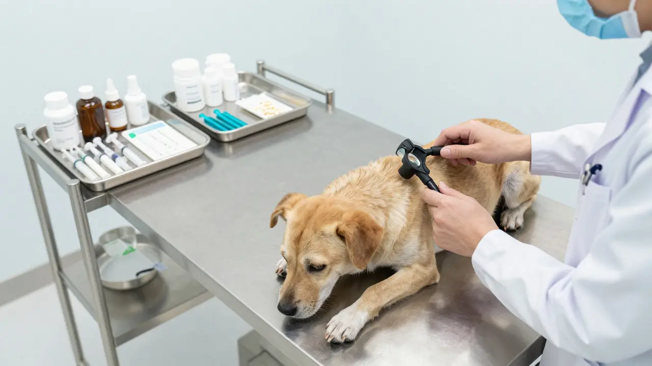 Veterinarian examining a dog in a clinical setting