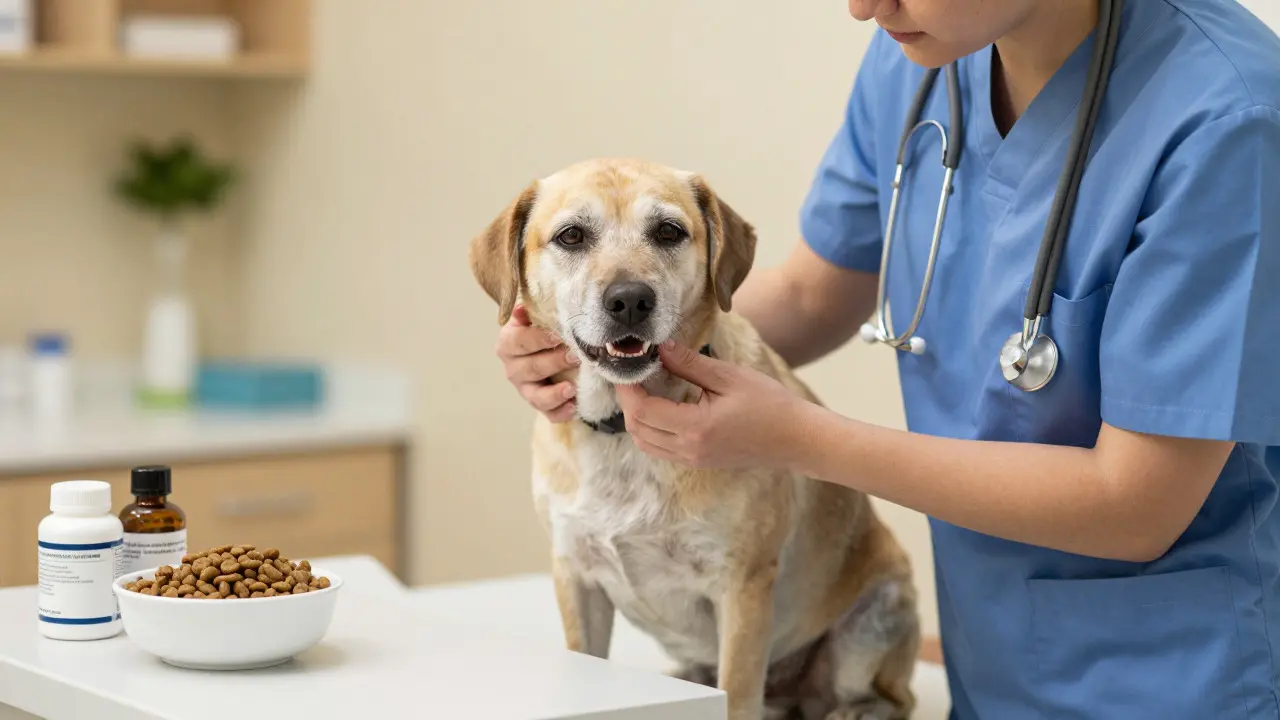 Veterinarian examining a senior dog's gums and joints in a clinic