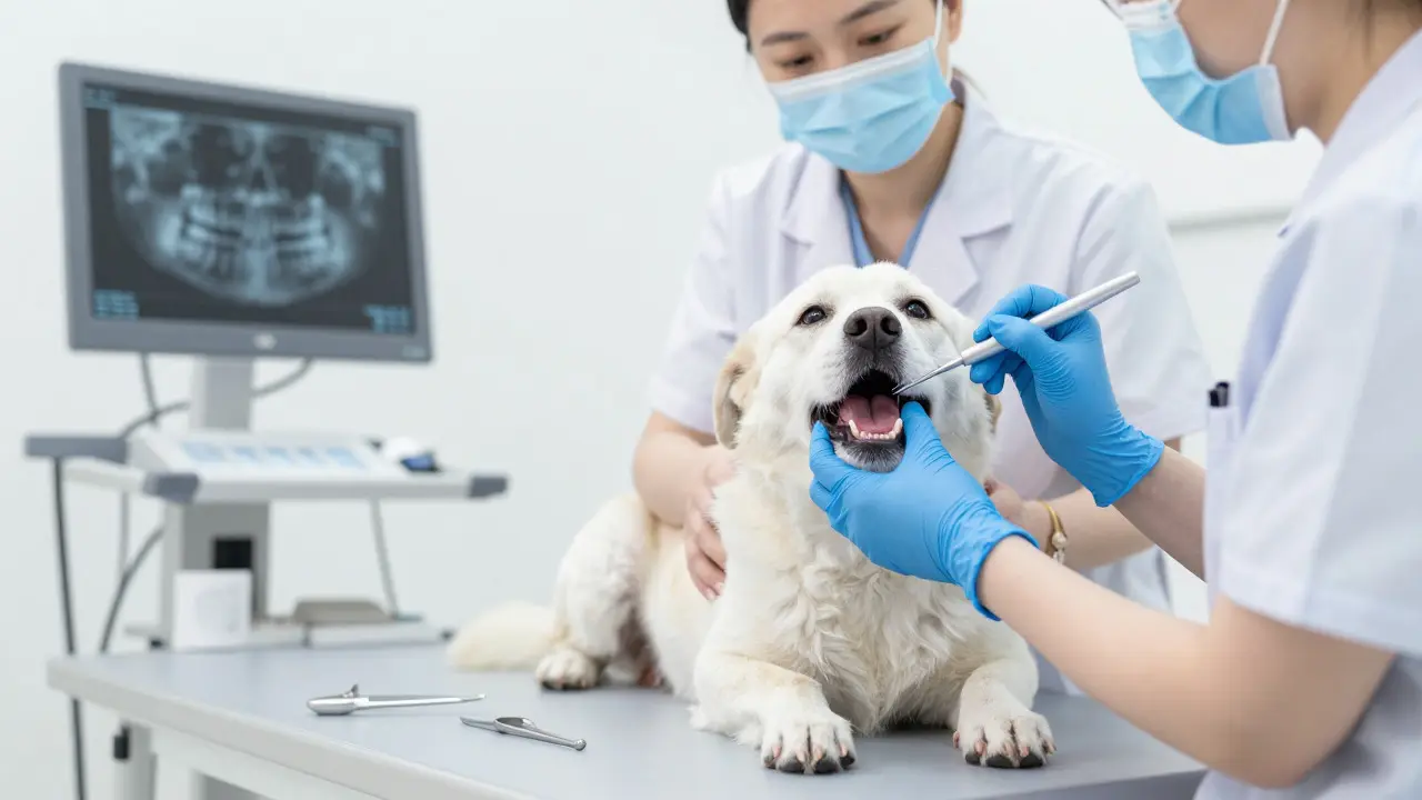 Veterinarian examining a senior dog's teeth with a probe in a clinic