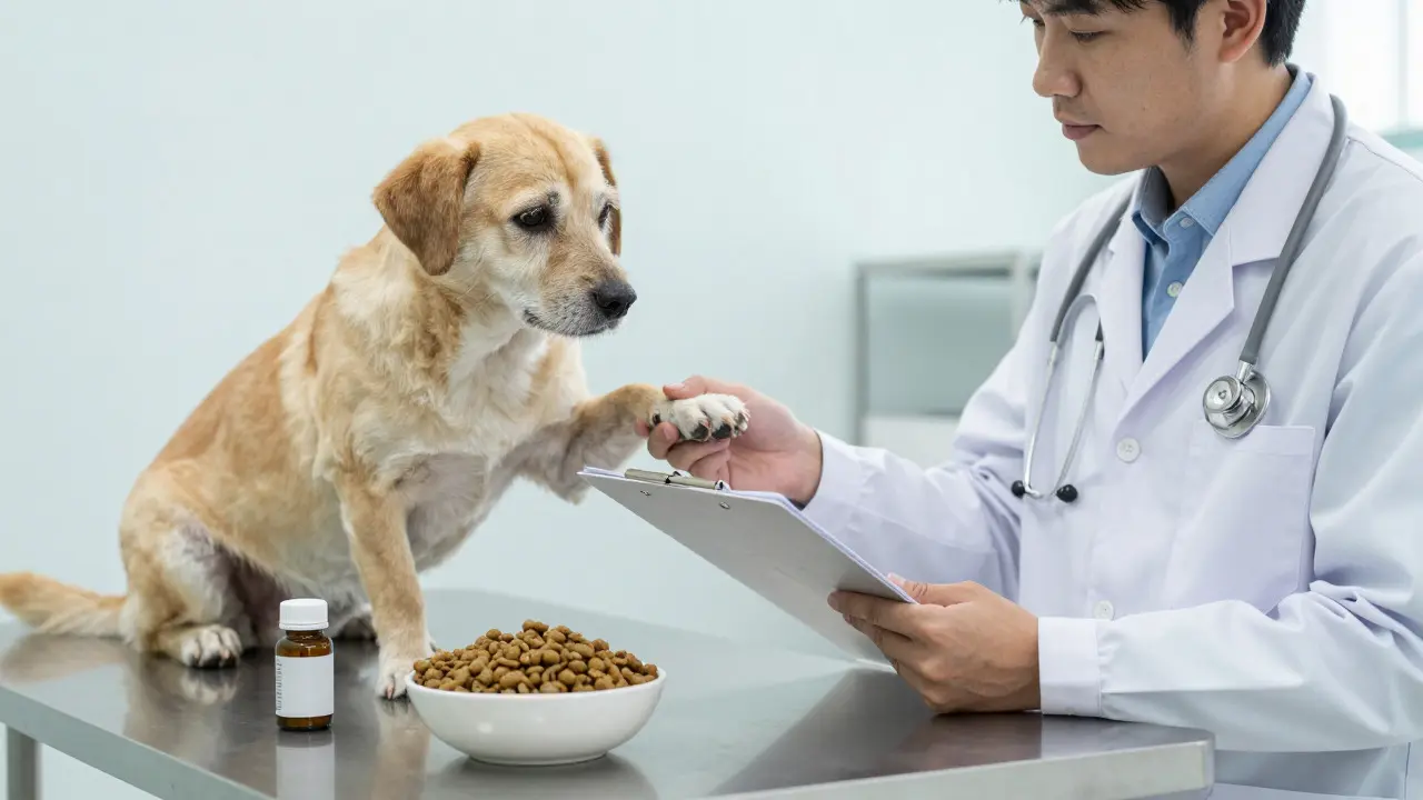Veterinarian examining a senior dog in a clinic with special food